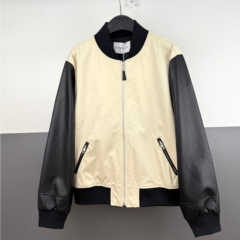 Givenchy Cream and Black Leather-Sleeve Bomber Jacket
